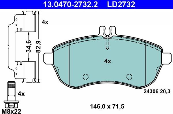 ATE 13.0470-2732.2 - Brake Pad Set, disc brake autospares.lv