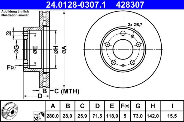 ATE 24.0128-0307.1 - Brake Disc autospares.lv