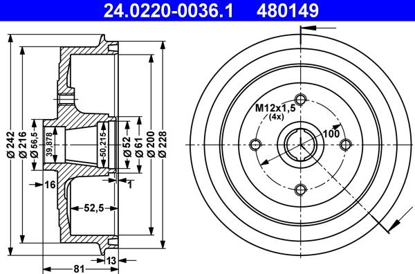 ATE 24.0220-0036.1 - Brake Drum autospares.lv