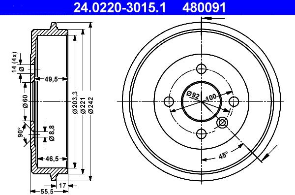 ATE 24.0220-3015.1 - Brake Drum autospares.lv