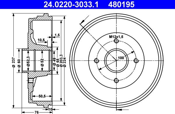 ATE 24.0220-3033.1 - Brake Drum autospares.lv