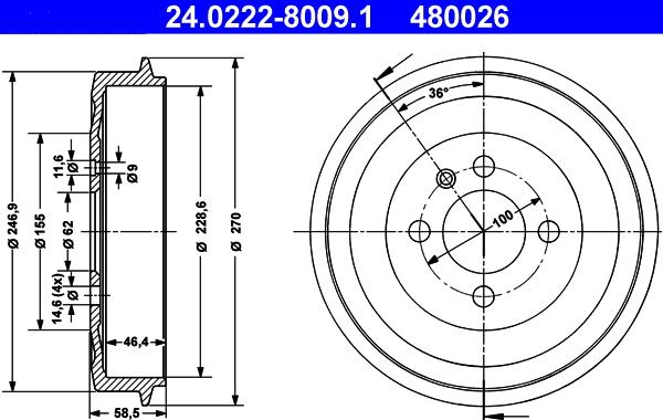 ATE 24.0222-8009.1 - Brake Drum autospares.lv