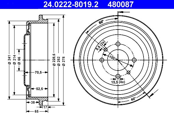 ATE 24.0222-8019.2 - Brake Drum autospares.lv