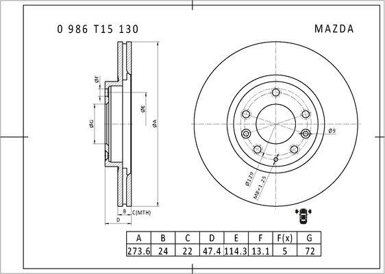 BOSCH 0 986 T15 130 - Brake Disc autospares.lv