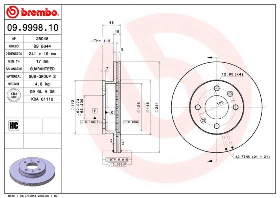 Brembo 09.9998.10 - Brake Disc autospares.lv