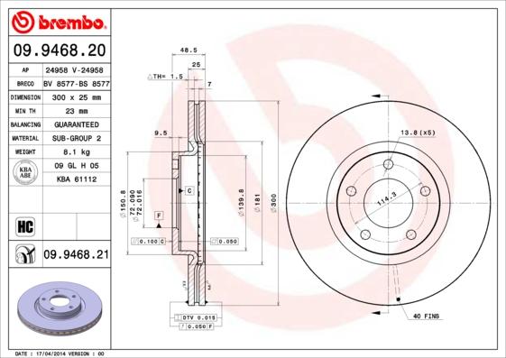 Brembo 09.9468.21 - Brake Disc autospares.lv