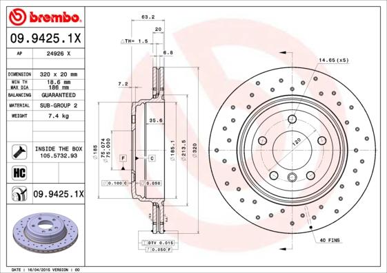 Brembo 09.9425.1X - Brake Disc autospares.lv