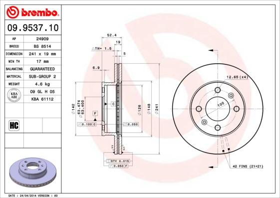 Brembo 09.9537.10 - Brake Disc autospares.lv