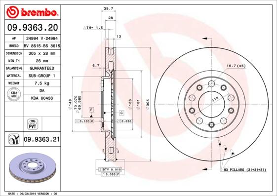 Brembo 09.9363.21 - Brake Disc autospares.lv