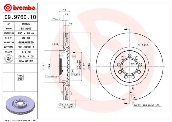 Brembo 09.9760.10 - Brake Disc autospares.lv