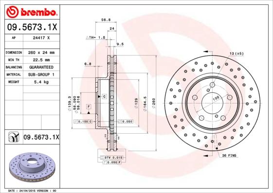 Brembo 09.5673.1X - Brake Disc autospares.lv