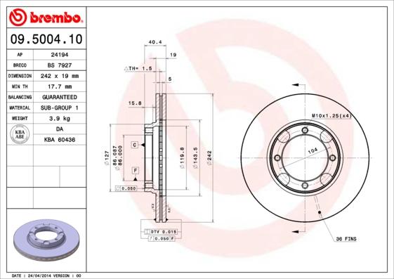 Brembo 09.5004.10 - Brake Disc autospares.lv
