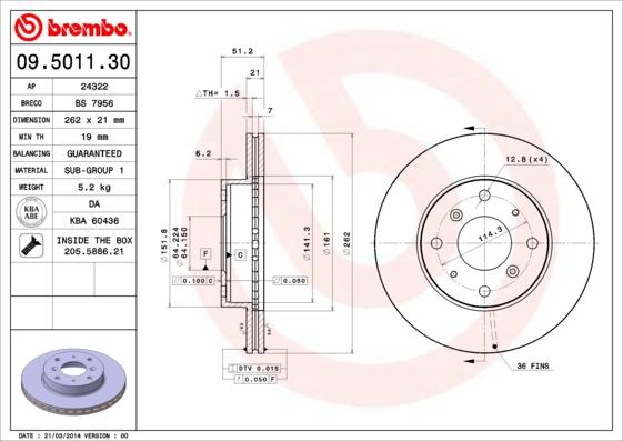 Brembo 09.5011.30 - Brake Disc autospares.lv