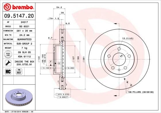 Brembo 09.5147.20 - Brake Disc autospares.lv