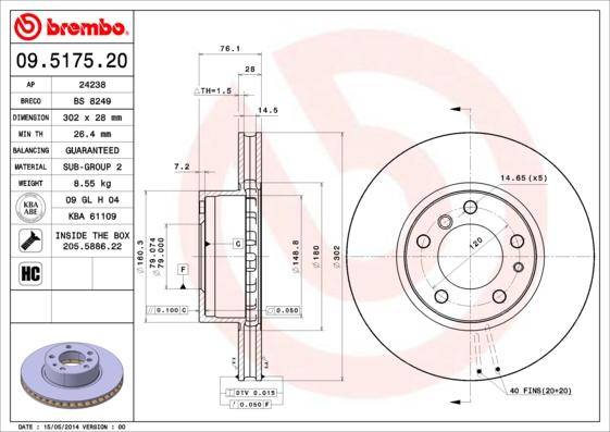 Brembo 09.5175.20 - Brake Disc autospares.lv