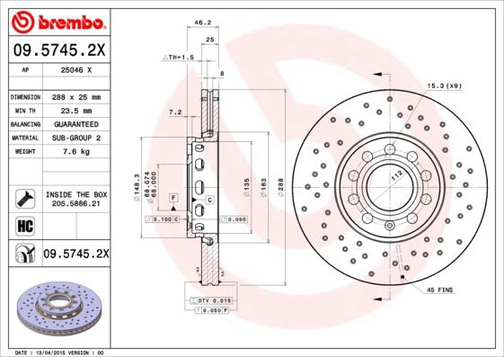 Brembo 09.5745.2X - Brake Disc autospares.lv