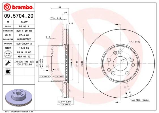 Brembo 09.5704.20 - Brake Disc autospares.lv