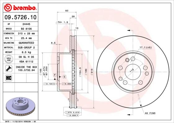 Brembo 09.5726.10 - Brake Disc autospares.lv