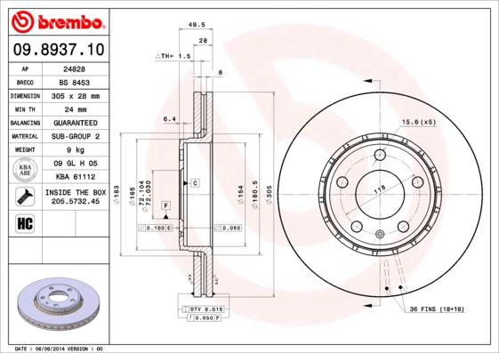 Brembo 09.8937.10 - Brake Disc autospares.lv