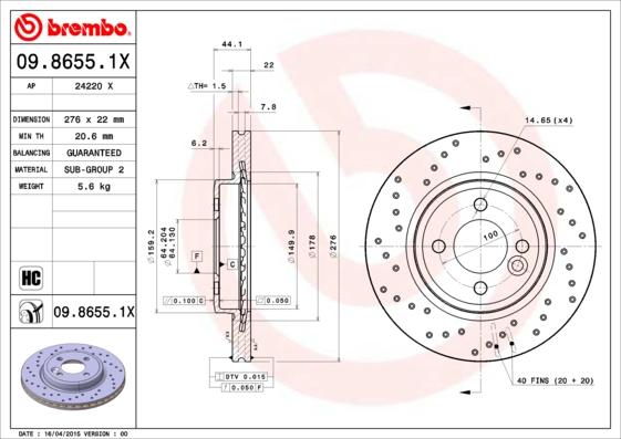 Brembo 09.8655.1X - Brake Disc autospares.lv