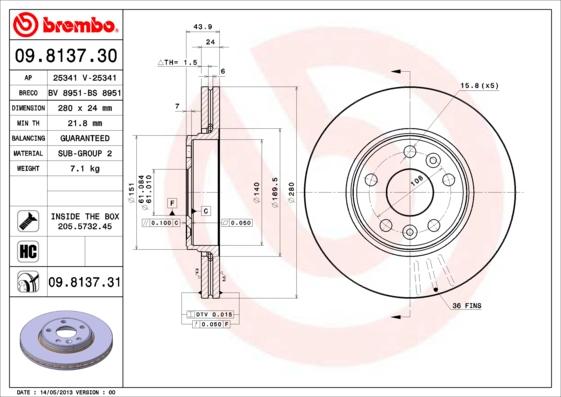 Brembo 09.8137.30 - Brake Disc autospares.lv