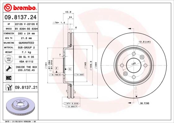 Brembo 09.8137.21 - Brake Disc autospares.lv