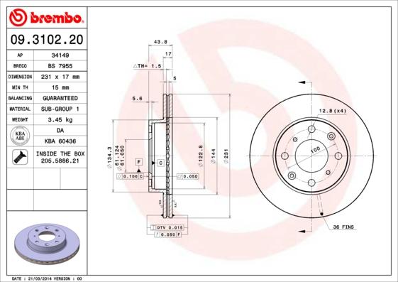 Brembo 09.3102.20 - Brake Disc autospares.lv