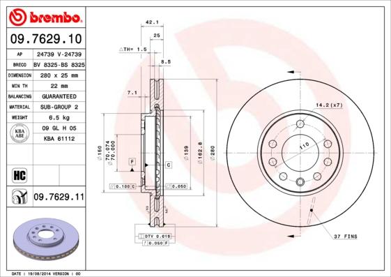 Brembo 09.7629.10 - Brake Disc autospares.lv