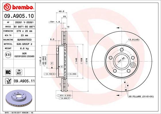 Brembo 09.A905.10 - Brake Disc autospares.lv