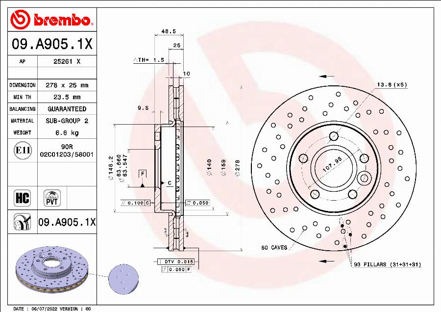 Brembo 09.A905.1X - Brake Disc autospares.lv