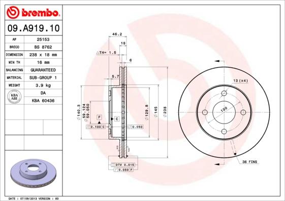 Brembo 09.A919.10 - Brake Disc autospares.lv