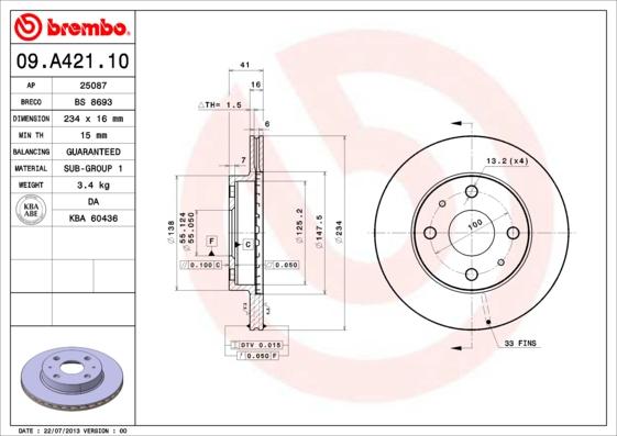 Brembo 09.A421.10 - Brake Disc autospares.lv