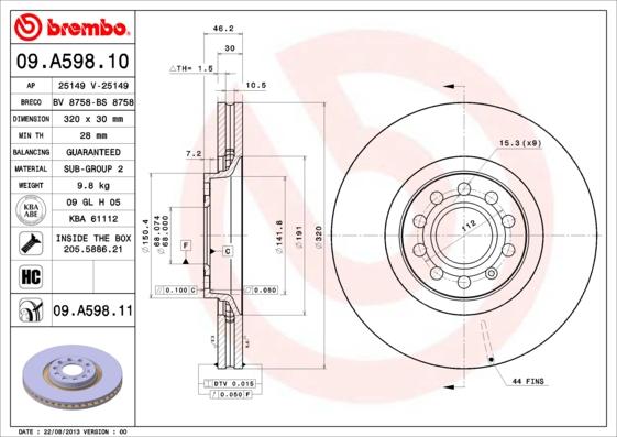 Brembo 09.A598.11 - Brake Disc autospares.lv