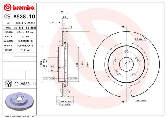Brembo 09.A538.11 - Brake Disc autospares.lv