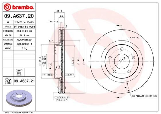 Brembo 09.A637.21 - Brake Disc autospares.lv