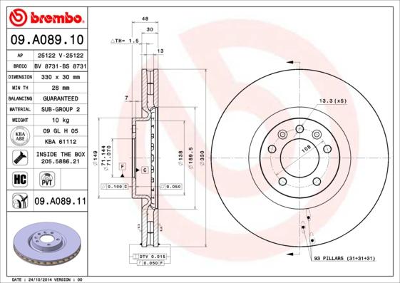 Brembo 09.A089.10 - Brake Disc autospares.lv