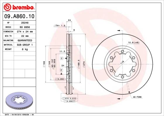 Brembo 09.A860.10 - Brake Disc autospares.lv