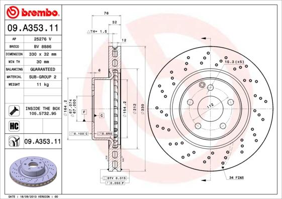 Brembo 09.A353.11 - Brake Disc autospares.lv