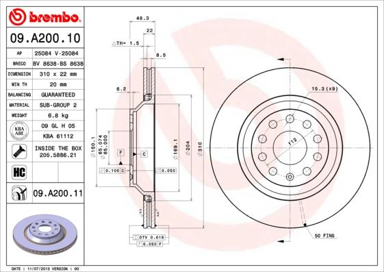 Brembo 09.A200.11 - Brake Disc autospares.lv