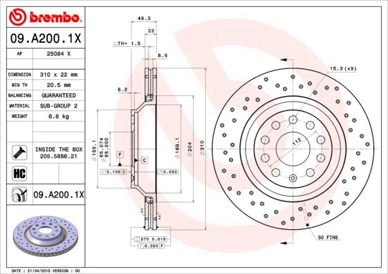 Brembo 09.A200.1X - Brake Disc autospares.lv