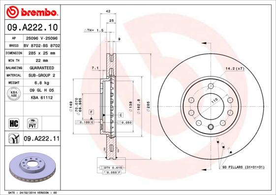 Brembo 09.A222.10 - Brake Disc autospares.lv