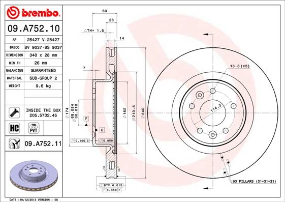 Brembo 09.A752.10 - Brake Disc autospares.lv