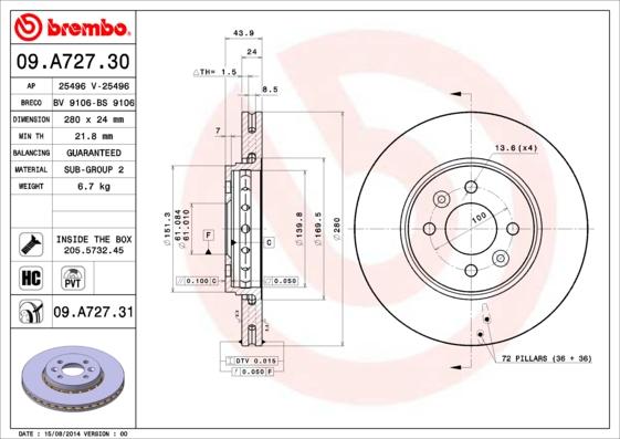 Brembo 09.A727.30 - Brake Disc autospares.lv