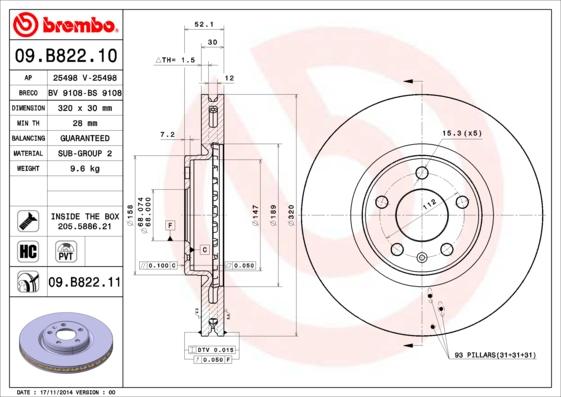 Brembo 09.B822.10 - Brake Disc autospares.lv