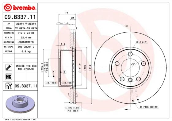 Brembo 09.B337.11 - Brake Disc autospares.lv