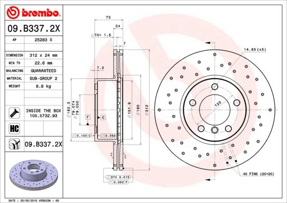 Brembo 09.B337.2X - Brake Disc autospares.lv