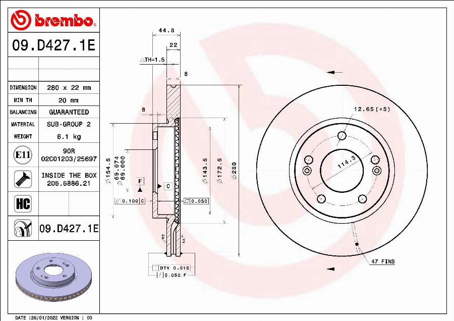 Brembo 09.D427.1E - Brake Disc autospares.lv