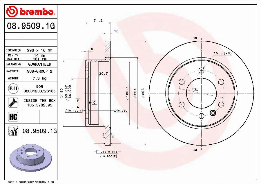 Brembo 08.9509.1G - Brake Disc autospares.lv