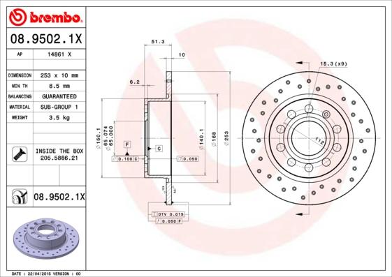 Brembo 08.9502.1X - Brake Disc autospares.lv