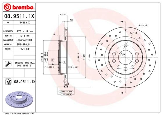 Brembo 08.9511.1X - Brake Disc autospares.lv